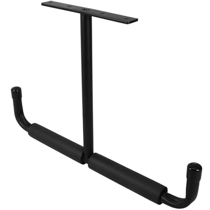 Heavy Duty T-shaped Ceiling Mounted Bike and Fishing Rod Storage Rack with Double Sided Hooks, Black Steel Garage Hanging Organizer for Kayak and Skateboard