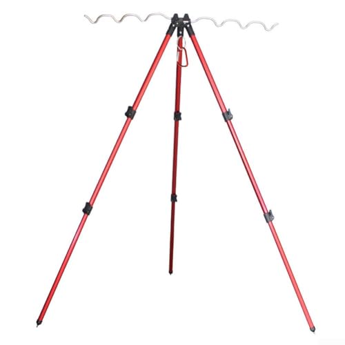 Telescopic Rod Holder Tripod, Aluminum Alloy, 24.4 Inch (Holds 7 Rods) – Adjustable Collapsible Stand with Ground Spikes & Stability Hook for Bank Shore Surf Casting (Silver) - color: B Red