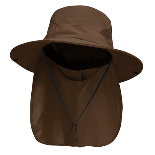 NPJY Sun Fishing Hats with Neck Flap for Men Women UV Sun Protection Safari Hat Wide Brim Bucket Hat - color: Pure Brown(with Neck Flap)