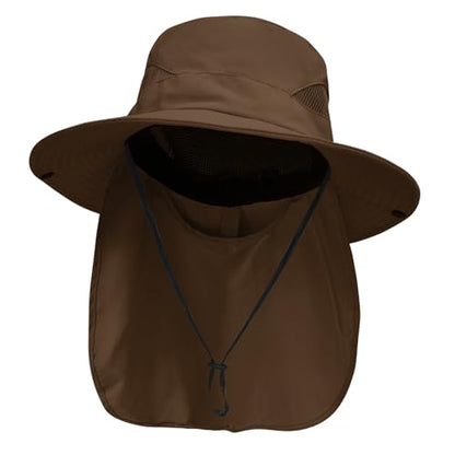 NPJY Sun Fishing Hats with Neck Flap for Men Women UV Sun Protection Safari Hat Wide Brim Bucket Hat - color: Pure Brown(with Neck Flap)