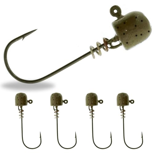 Reaction Tackle Tungsten ScrewLock Ned Rig Jig Heads, Weedless Finesse Jig Heads for Bass, Walleye, and Panfish, Spinning Rod Setups (5-Pack) - color: Green Pumpkin, size: 1/4 Oz