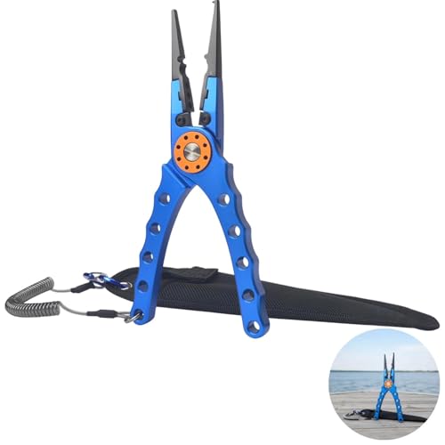 Aluminum Fishing Pliers with Cutters, Sawtooth Jaws, Lanyard and Sheath, 7.9 X 2 X 0.4 in / 20 X 5 X 1 Cm, Classic Blue
