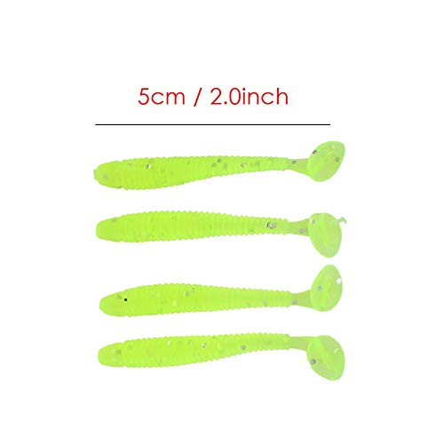 Tbest 50 Pcs 5cm Soft Fishing Lures, Plastic Fishing Bait T-Tail Grub Worm Baits Fish Tackle Accessory 9 Colors - color: Green