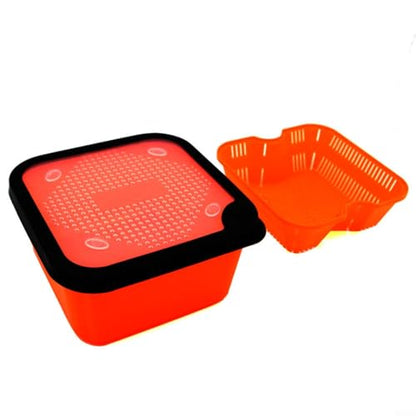 2 in 1 Pellet Strainer and Redworm Bait Box, PP Fishing Tackle Container with Perforated Lid for Draining Hemp, Meat, Casters, Live Baits, Orange(6.5-OS) - size: 6.5-OS