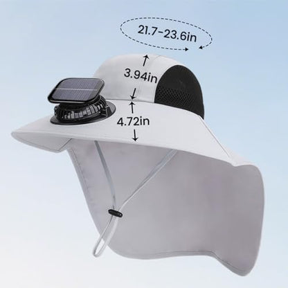 Solar Fan Hat Wide Fishing Hat Breathable Neck Flap Bucket Hats Outdoor Sun Hats for Men Women with USB Charging - color: Light Gray