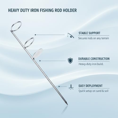Heavy Duty Iron Fishing Rod Holder with Ground Spike, 17.7 Inch Vertical Bank Stick for Surf Casting on Sand and Soil, Silver