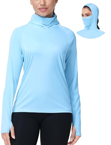 isnowood Women's Sun Protection Hoodie UPF 50+ Hiking Fishing Shirt, Long Sleeve UV Rash Guard with Face Mask Lightweight - color: Light Blue, size: Small