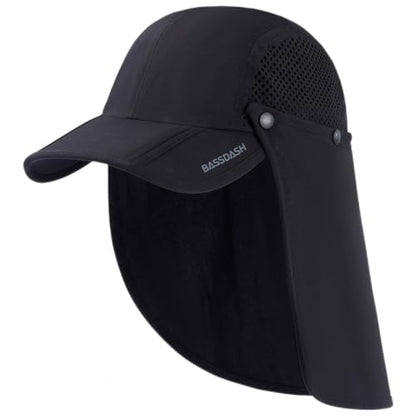 BASSDASH UPF 50+ Foldable Fishing Hat Baseball Cap with Removable Neck Flap Portable for Men Women Golf Hiking - color: Black With Foldable Brim