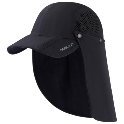 BASSDASH UPF 50+ Foldable Fishing Hat Baseball Cap with Removable Neck Flap Portable for Men Women Golf Hiking - color: Black With Foldable Brim