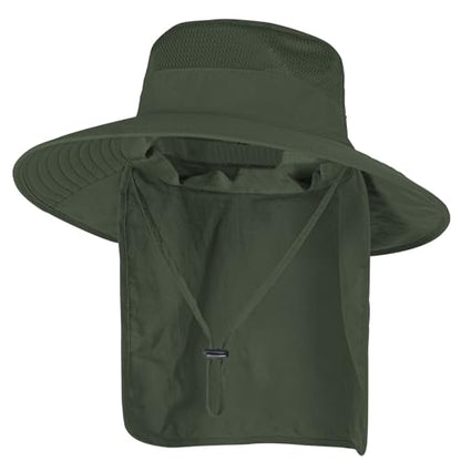 Sun Hats for Men Women Fishing Hat UPF 50+ Breathable Wide Brim Bucket Hats Summer UV Protection Safari Hat with Neck Flap - color: Army Green