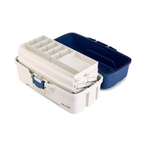 Plano Three-Tray Tackle Box Striper Kit, Blue/Grey, Rust-Proof Brass Latch, Top-Access Tray Compartments with Deep Storage, Made in the USA, Portable Fishing Gear Storage Organizer - style: Striper
