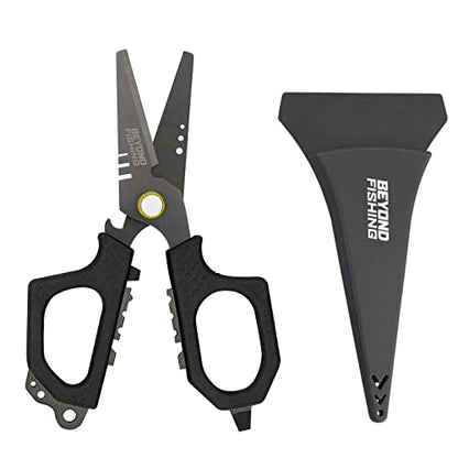 Beyond Fishing 6.5" Pro Fishing Shears Dual Serrated Blades, Fishing Braided Line Scissors with Titanium Coating, Non-Slip Grip & Multifunction Tool, Includes Hard Molded Locking Sheath - color: Pro - Black