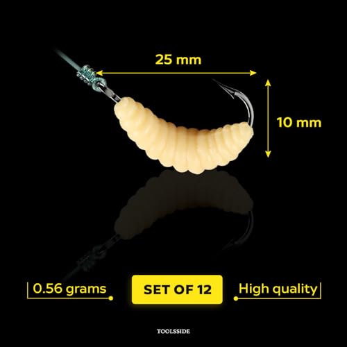 Rubber Maggots Fishing Bait #10 - Crappie Jigs, Fishing Maggots, Bulk Fishing Grubs for Trout, Crappie, Pan Fish, Bluegill, Fresh Water Fishing Lures Set (12 Hooks and 12 Worms)