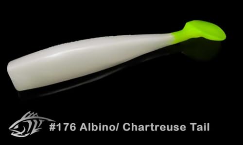Lunker City Fishing Shaker 3.25" Swimbait Soft Plastic Bass Walleye Lure Saltwater Swimming Tail Action Pike Swim Bait, 7 Per Bag, Made in The USA - color: 176 Albino Chartreuse Tail