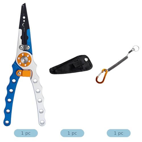 Aluminum Fishing Pliers with Hook Remover, Extended Throat, Split Ring Tool, for Saltwater Fishing, Lightweight Braid Line Cutters, Crimping Sleeves, Include Anti-Lost Lanyard, Nylon Sheath