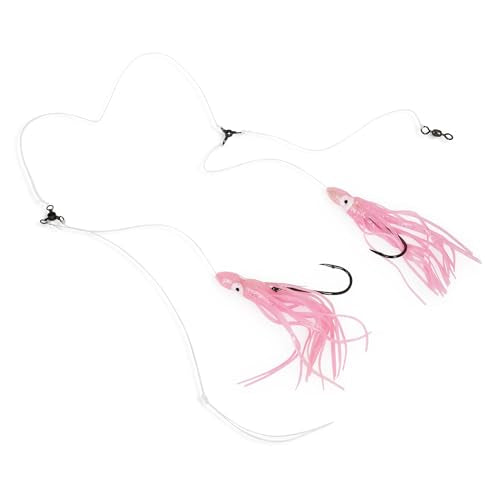 UMT Tile Fish Hi-Lo Fishing Rig 10/0 Snelled Octopus Mustad Hook, Pink & White Glow, Glow in The Dark Skirts Deepsea Fishing Rigs, Heavy Duty 3-Way Swivel 1, 5, 10 Pack Options - color: Pink Glow