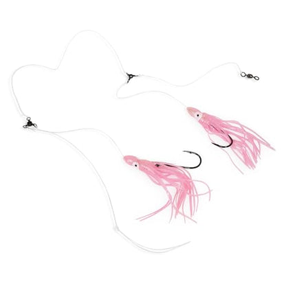 UMT Tile Fish Hi-Lo Fishing Rig 10/0 Snelled Octopus Mustad Hook, Pink & White Glow, Glow in The Dark Skirts Deepsea Fishing Rigs, Heavy Duty 3-Way Swivel 1, 5, 10 Pack Options - color: Pink Glow