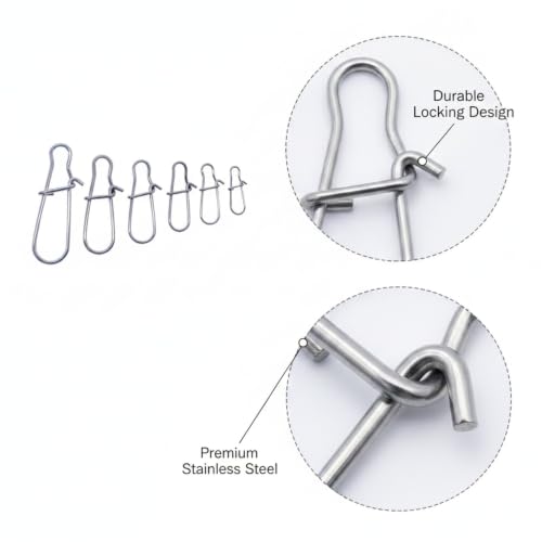 Gourd-Shape Stainless Steel Lure Snaps, Silver Finish Quick-Change Connectors for Saltwater and Freshwater Fishing Tackle (100-Pack Assorted Sizes) - size: 2.36 x 1.97 x 0.59"