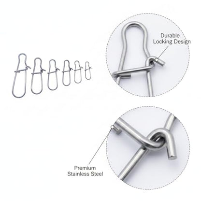 Gourd-Shape Stainless Steel Lure Snaps, Silver Finish Quick-Change Connectors for Saltwater and Freshwater Fishing Tackle (100-Pack Assorted Sizes) - size: 2.36 x 1.97 x 0.59"