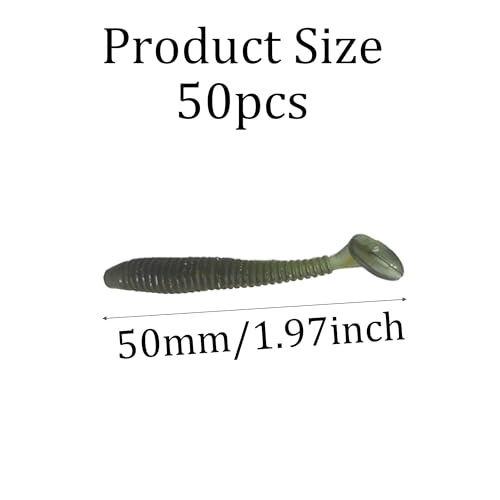 50PCS 5cm Soft Plastic Fishing Lures, PVC Paddle Tail Swimbaits for Bass Trout Walleye Crappie, T-Tail Grub Worm Baits Tackle Accessory - color: Dark Brown