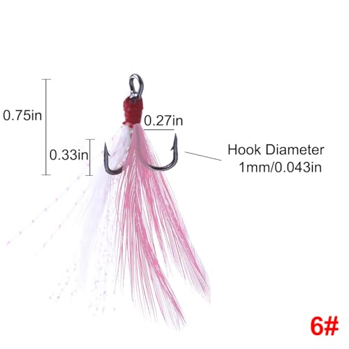 20Pcs Treble Fishing Hooks with Feather Size Stainless Steel Barbed Sharp Triple Fishhook with Box for Saltwater Freshwater - color: 20pcs-Pink White Feather, size: 6#