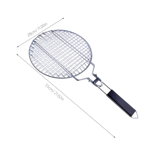 Angoily Grill Basket, Round BBQ Basket Vegetable Roasting Grilling Rack, Portable Stainless Steel Folding Fish Net, Removable Handle Meat Clamp, Outdoor Barbecue Campfire Cookware Accessories