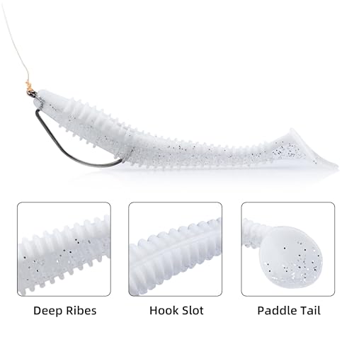 Paddle Tail Swimbaits 100/80/50PCS, 5/4/3/2 inch Soft Fishing Lures Bulk Pack – Durable Lifelike Action Lures for Bass, Trout, Crappie – Freshwater & Saltwater Fishing Gifts - color: White Pearl, size: 5in, 50pcs