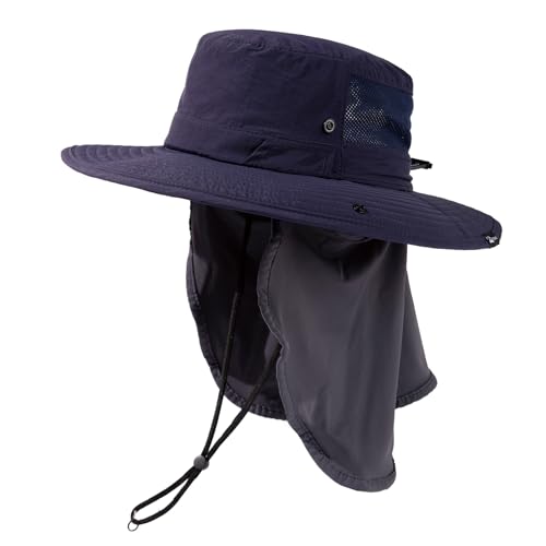 TOP-EX UVCoolix™ UV Protection Mens Sun Hat with Cooling Neck Flap Sunglass Lock Wide Brim Fishing Hats - color: Navy Blue, size: Medium-Large