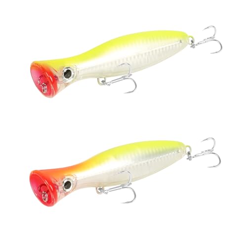 Large Top Water Popper Lure: 2pcs 3D Eyes Tuna Popper Saltwater Fishing Lures for Surf Fishing Gt Tuna Kingfish Large Predator Fish - color: Light Yellow Green