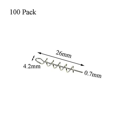 Centering Pin Spring Twist Lock Fishing Screw Worm Hook Crank Grub Rig Fixed Bait Run Straight Self Align Long Enough Secure Not Off Center Stainless Steel for Soft Lure - size: 26mm 100Pcs