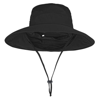 Sun Hats for Men Women Fishing Hat UPF 50+ Breathable Wide Brim Bucket Hats Summer UV Protection Safari Hat with Neck Flap - color: Black