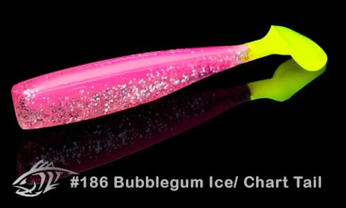 Lunker City Fishing Shaker 3.25" Swimbait Soft Plastic Bass Walleye Lure Saltwater Swimming Tail Action Pike Swim Bait, 7 Per Bag, Made in The USA - color: 186 Bubblegum Ice/ Chartreuse Tail