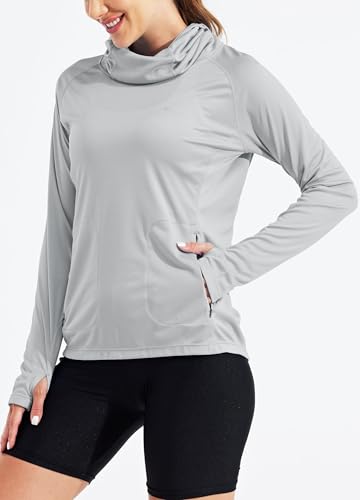 Willit Women's UPF 50+ Sun Protection Hoodie - Breathable Mesh Face Cover & Cooling Fishing Shirt with Pockets - color: Gray, size: Medium