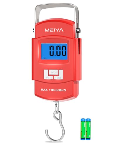 MEIYA Fish Scale 110lb Portable Luggage Scale Travel Digital Hanging Scale with Hook, Fishing Gifts for Men, Weighing Tool for Suitcases & Fish, Includes 2 AAA Batteries, Backlit LCD Display (Red) - color: Red