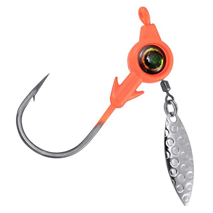 Dr.Fish 10 Pack Underspin Jigs Heads 3D Eye Freshwater Swimbait Jig Freshwater Bass Walleye Fishing Mustad Hooks Willow Blade 1/8oz,3/16oz,1/4oz,3/8oz - color: Orange, size: 1/4oz(#4/0 Hooks)