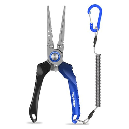 TRUSCEND Easy Use Lockable Fishing Pliers with Tungsten Carbide Cutter, Innovative Ergonomic Handy Handle, Saltwater Corrosion Resistant Teflon Coated Fishing Tool, Light Multi-Function Fishing Gear - color: C-straight Nose-blue