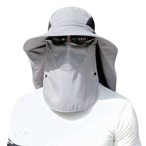 ALANDUO Wide Brim XXL Sun Hats for Men Big Head, UPF 50+ Fishing Sun Hat with Neck Face Flap, Safari Boonie Hat for Men Women - color: Light Grey