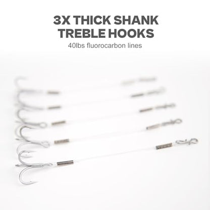 Stinger Hooks (12-Packs) for Jig Heads, Quick Snap #6/#8 Trailer Treble Hooks, 10#/40lbs Fluorocarbon Fishing Line - Walleye, Bass - size: 2.5" - 8# hook