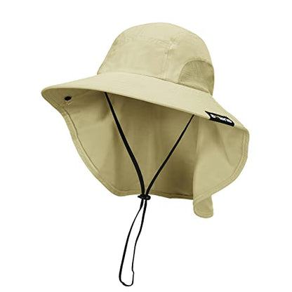 Tirrinia Wide Brim Sun Hat with Neck Flap for Men & Women, Breathable Hiking Fishing Safari Hat, Outdoor UV Protection Cap - color: Tan