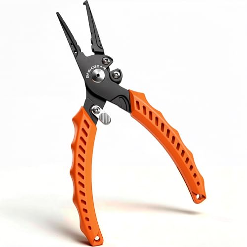 BasicGear Fishing Pliers, 17-4 PH Stainless Steel Saltwater Pliers, Braid Cutter, Split Ring Tool, Corrosion Resistant, One-Hand Operation - size: 7.5" Standard - Orange