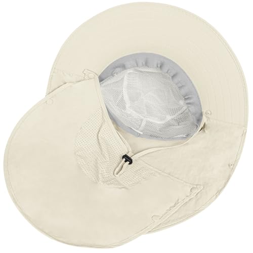 Rosoz Sun Hat for Men Women with Neck Flap,Wide Brim UPF50+ Fishing Hat with Detachable Face Cover Outdoor Sun Protection Hat - color: 1pack-ivory