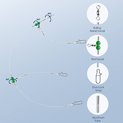 Fishing Leader Fishing Rigs, Luroad 6/12/18 Pcs Nylon-Coated Lines with Swivels Snap Beads, Stainless Steel Hooks Crimps Saltwater Freshwater for Fishing Lovers Angler, 1 Arm/ 2 Arms - color: E.2 Arm-Green-12pcs