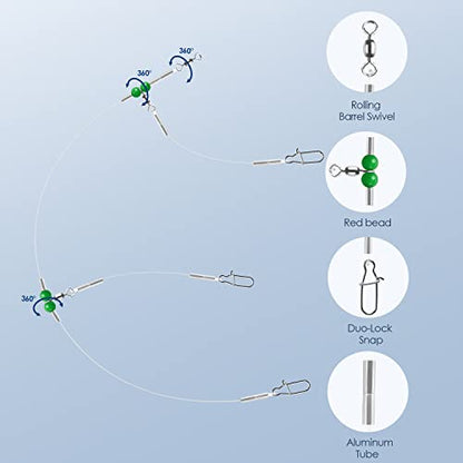 Fishing Leader Fishing Rigs, Luroad 6/12/18 Pcs Nylon-Coated Lines with Swivels Snap Beads, Stainless Steel Hooks Crimps Saltwater Freshwater for Fishing Lovers Angler, 1 Arm/ 2 Arms - color: E.2 Arm-Green-12pcs