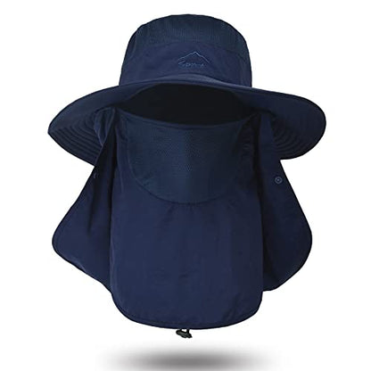 Fishing Hat for Men Sun Protection Hat with Removable Mesh Face Neck Flap Cover Windproof Strap for Men and Women - color: Navy Blue