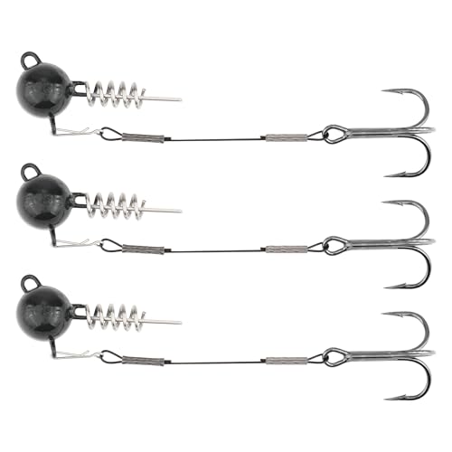 Fishing Rig with Weighted Jig Head and Treble Hook – Screw Lock Bait Keeper for Soft Lures, 3PCS Pack for Saltwater and Freshwater Fishing - size: 3/8oz, style: Single