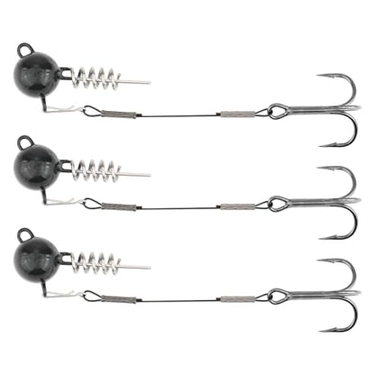 Fishing Rig with Weighted Jig Head and Treble Hook – Screw Lock Bait Keeper for Soft Lures, 3PCS Pack for Saltwater and Freshwater Fishing - size: 3/8oz, style: Single