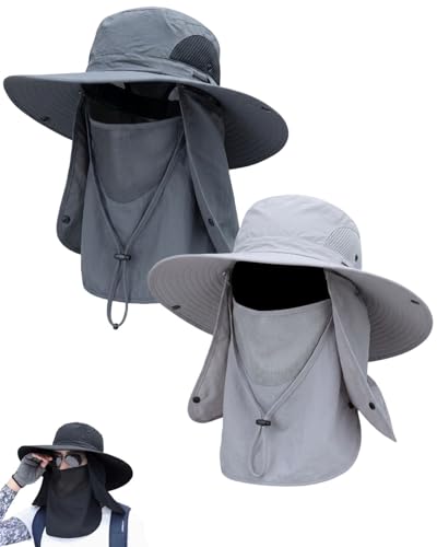 Mens Sun Hat with Neck Flap & Face Cover UPF 50+ Ultimate 360° All Terrain UV Protection Wide Brim Bucket Hats Hiking Fishing - color: 2pcs#b