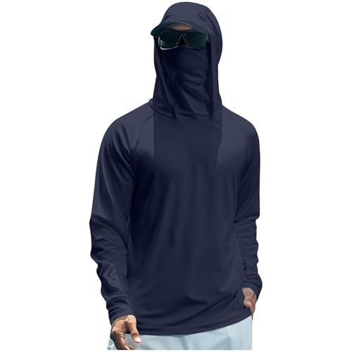 Men's UPF 50+ Sun Protection Hooded Shirt with Integrated Face Cover Long Sleeve Lightweight Rash Guard Shirts - color: C204- Navy, size: X-Large