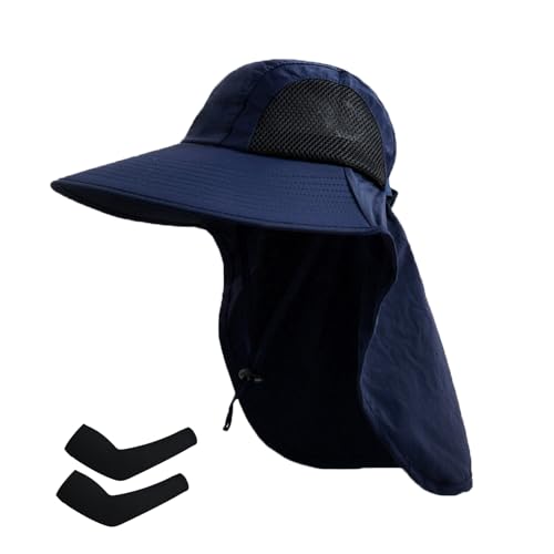 Sun Hat for Men Women with Neck Flap,UPF 50+ UV Protective Hiking Fishing Hats,Wide Brim Sun Hat for Women&Men - color: 1pack-navysleeves