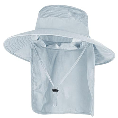 Sun Hats for Men Women Fishing Hat UPF 50+ Breathable Wide Brim Bucket Hats Summer UV Protection Safari Hat with Neck Flap - color: Light Grey